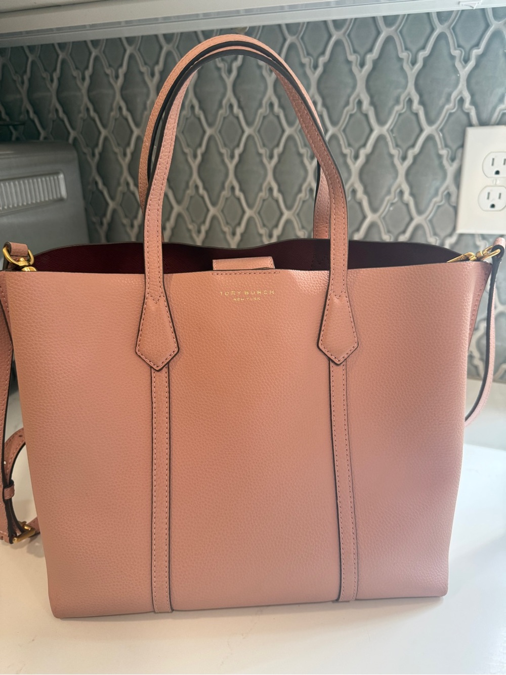 Tory Burch Pebbled Leather Tote | Blush Pink | Crossbody Strap | Perry Style